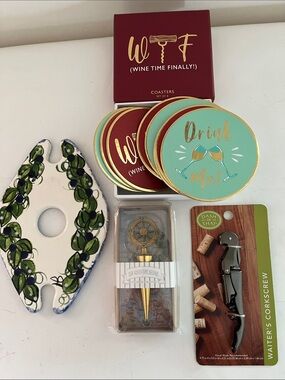 Ceramic wine bottle caddy, wine stopper, coaster set & waiter’s Corkscrew